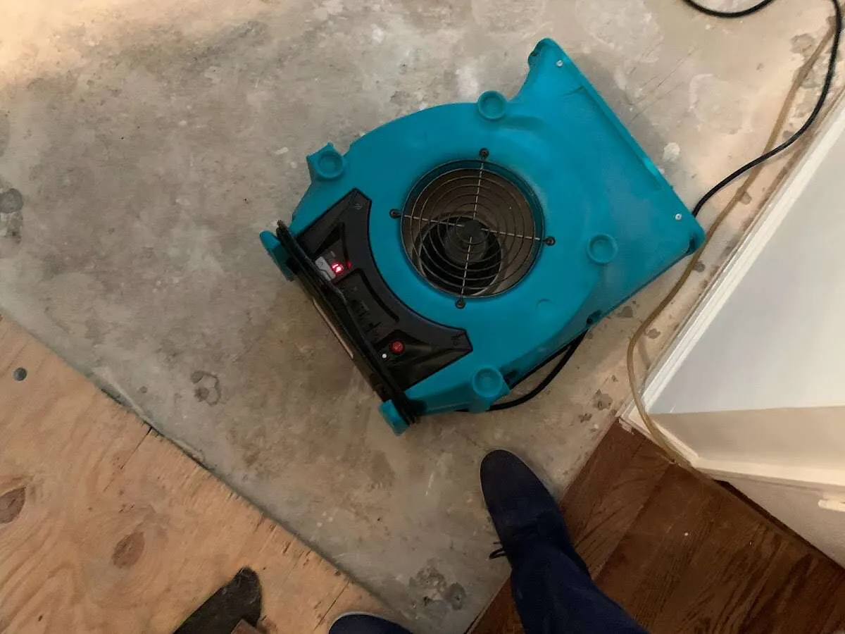 Air mover drying subfloor during Commercial Water Damage Restoration in Carolina Beach